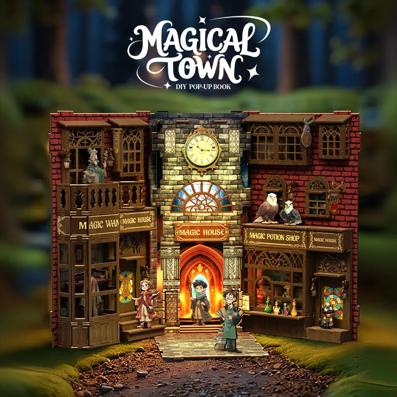 2025 Creative Magic Town Blocchi di costruzione in legno Set di modelli 3D Kit MOC Puzzle fai da te Decorazione per libreria Regalo ​   Regali di Natale di compleanno