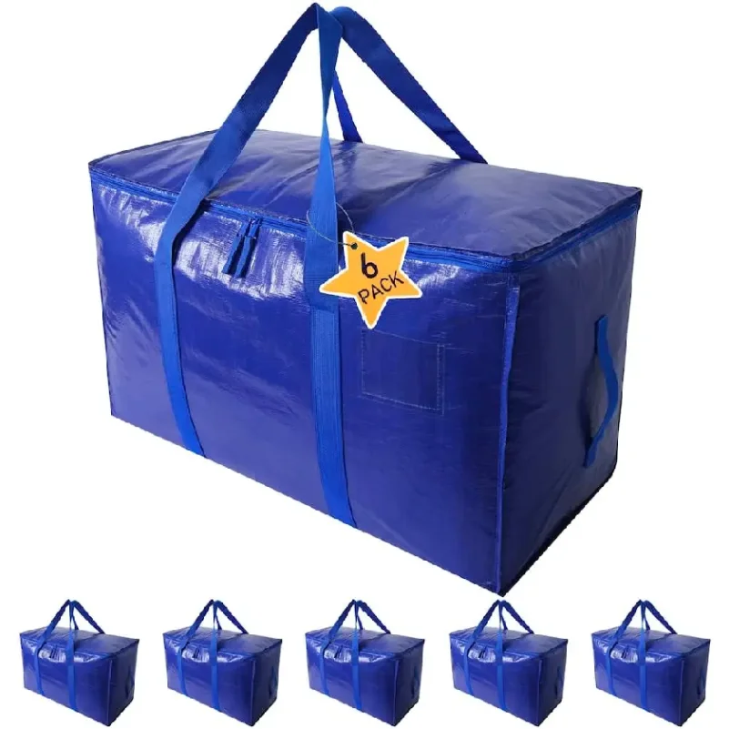 

6 Pack Extra Large Heavy Duty Moving Bags Waterproof Storage Totes with Handles & Zippers Foldable for College Dorm & Home Stora