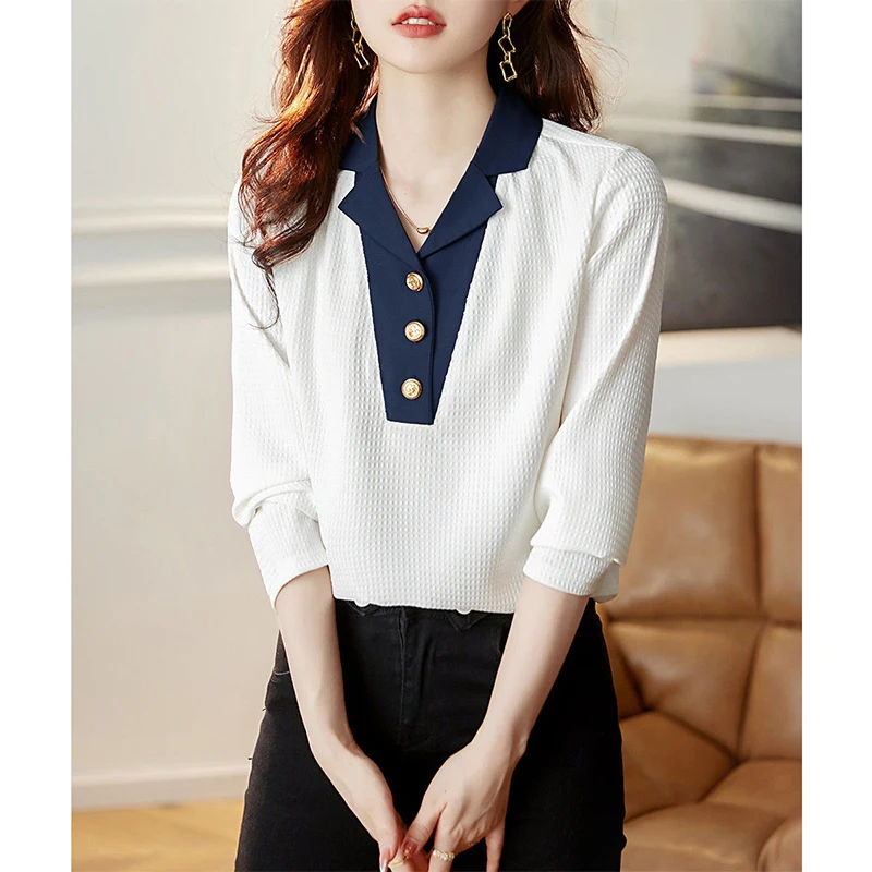 Spring Autumn Fake Two Pieces Patchwork Long Sleeve T-shirt Ladies Casual Fashion All-match Buttons Top Women Pullover Tee Shirt