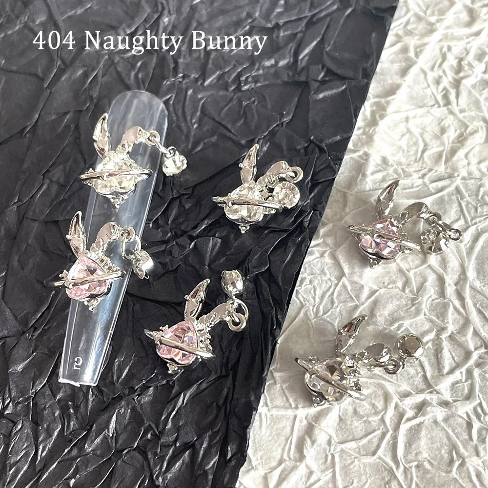 -Naughty Bunny- Kiyomi Nail Charms Heart Rabbit Planet Chrome Silver Alloy Vintage Pop Vibe DIY Gel Polish Nail Accessory 404art