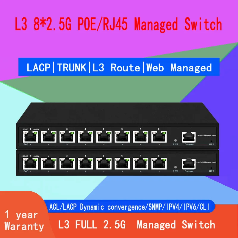 

8 Ports 2.5Gbe POE or RJ45 L3 Managed Switch, 10M/100M/1G/2.5G adaptive