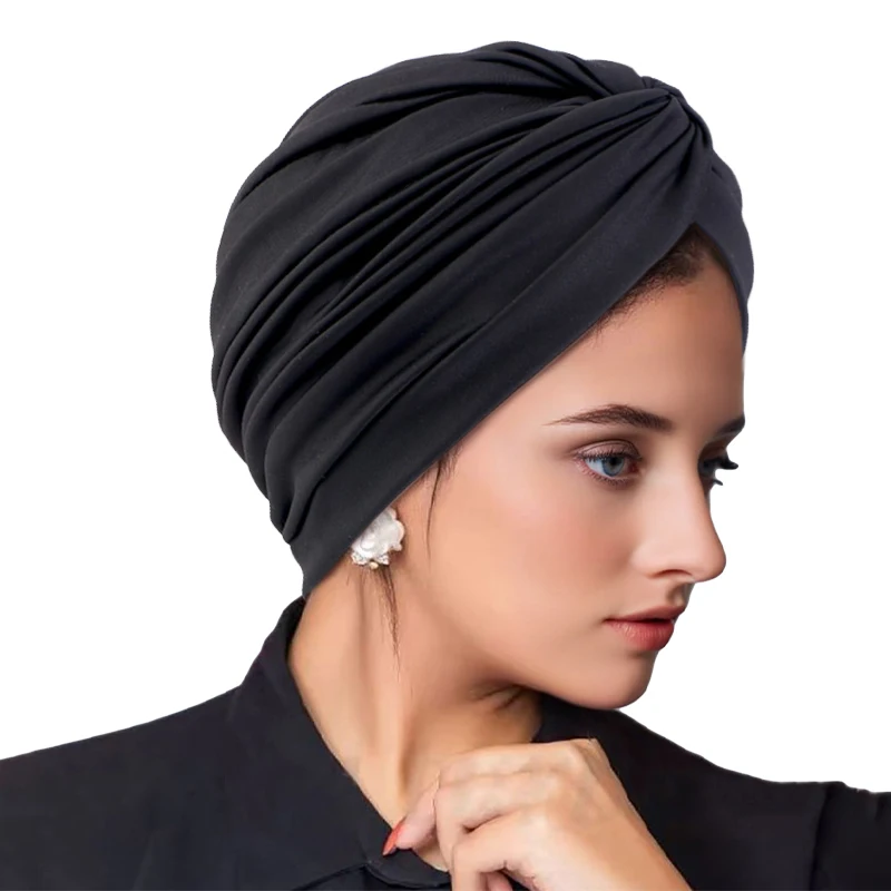 New Women\'s Stretchy Twist Pleasted Hair Wrap Turban Caps Muslim Cancer Chemo Beanie Cap Headwear Sleep Hat