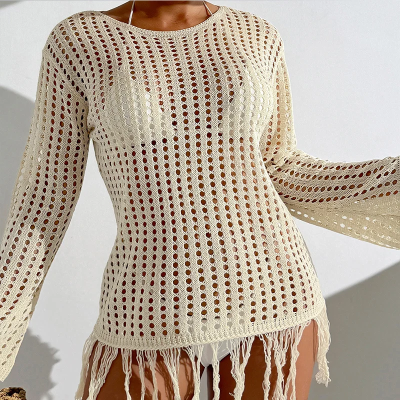 

Новый стиль, вязаная пляжная одежда с длинными рукавами, накидка с кисточкой, женский пляжный праздничный солнцезащитный халат, повседневные ажурные накидки