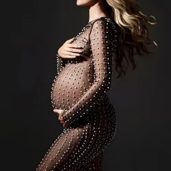 Maternity Photography Dress Sexy Pearl Lace Tulle Dress Women Pregnancy Robe Photo Shoot Props Bikini Cover-up Female Beachwear