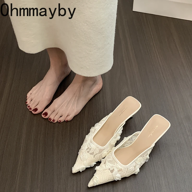 2025 Summer Concise Pointed Toe Women Slippers Fashion High Heels Party Pumps Mules Slide Shoes image 4