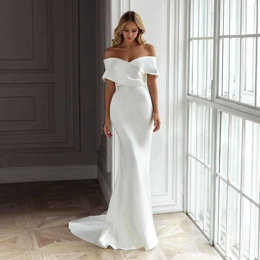 Vrouwen elegante off-shoulder witte trouwjurk slanke korte mouw mode bodycon formele kleding vrouwelijke lange zoom prom maxi-jurken