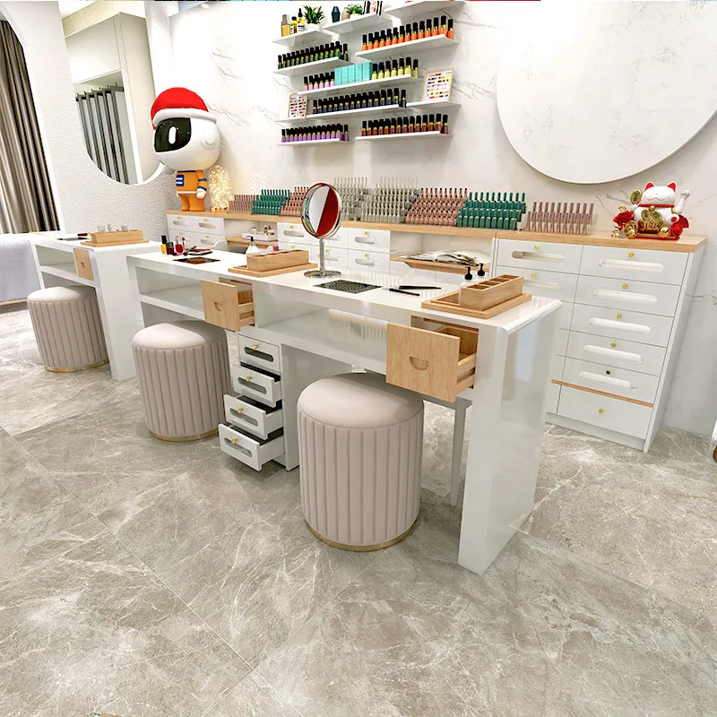 Lacquered Manicure Table Faux Marble Top Nail Salon Workstation Vacuum Cleaner Multi‑Drawer Storage Commercial Nail Art Desk