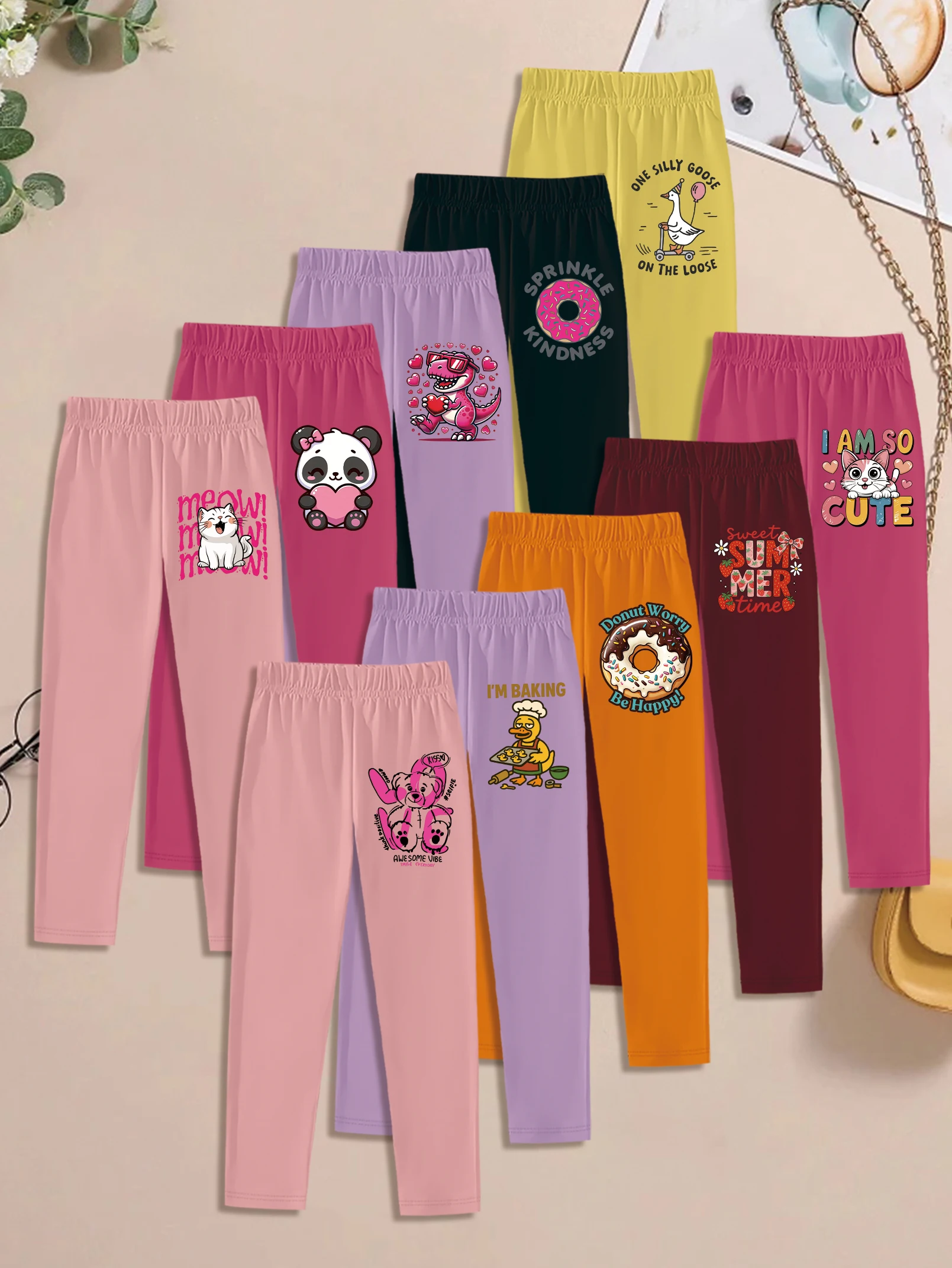 

10 шт.: Осенние милые милые леггинсы для девочек на День святого Валентина — мультяшный принт с буквами, пандой и кошкой.