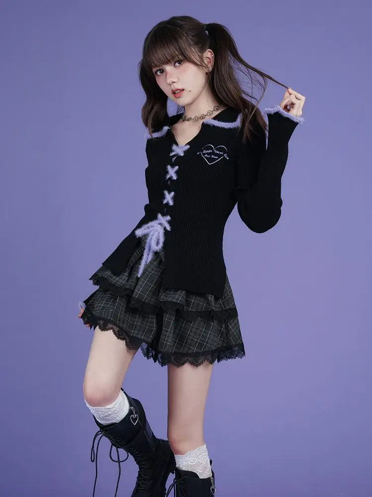 

Spring Autumn Sweet Cool Black Purple Slim Fit Knitted Cardigan+ High Waist Lace Patchwork Plaid Skirts 2025 New Two Piece Sets