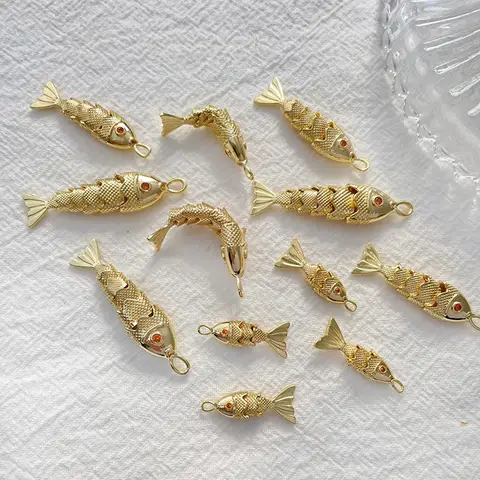 1PC 골드 컬러 금속 물고기 모양의 매력 Diy 목걸이 팔찌 만들기 용품에 대 한 빨간색 지 르 콘 바다 물고기 쥬얼리 펜 던 트를 포장