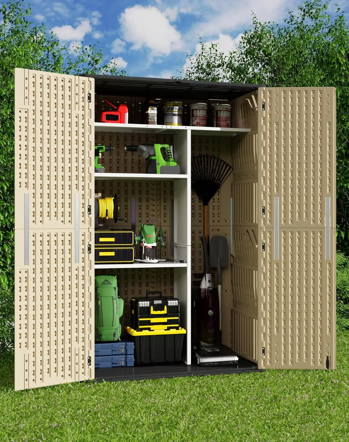 

60 Cu.Ft Vertical Outdoor Storage Shed, Weatherproof Outdoor Tall Cabinet, Lockable Resin Shed with Double-Wall Panels and Floor