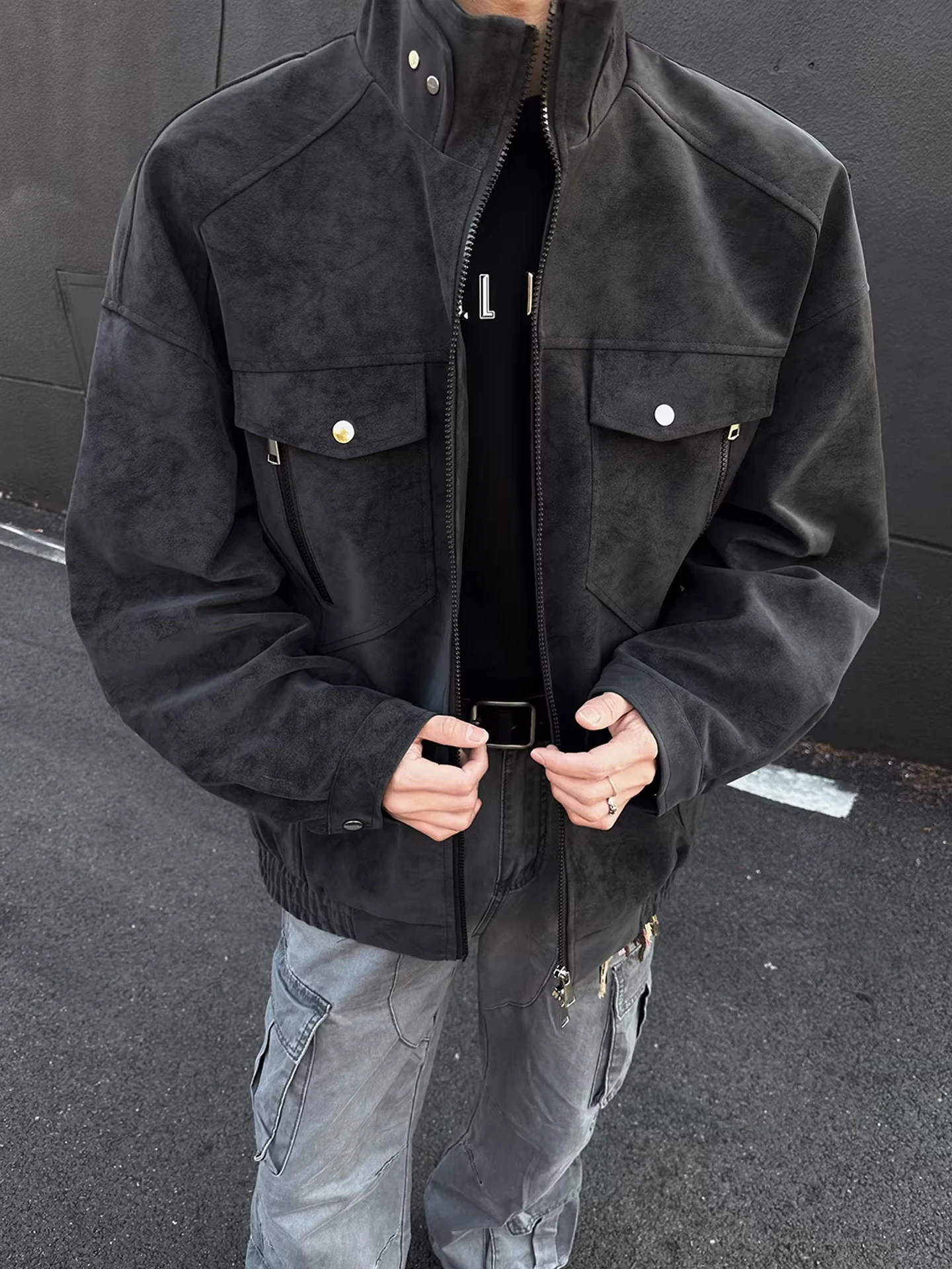 

Мужская куртка из искусственной кожи с эффектом окрашивания, весенняя, в стиле де-конструктив, с лоскутным дизайном, повседневная, с воротником-стойкой, трендовая, свободного кроя, от Haome