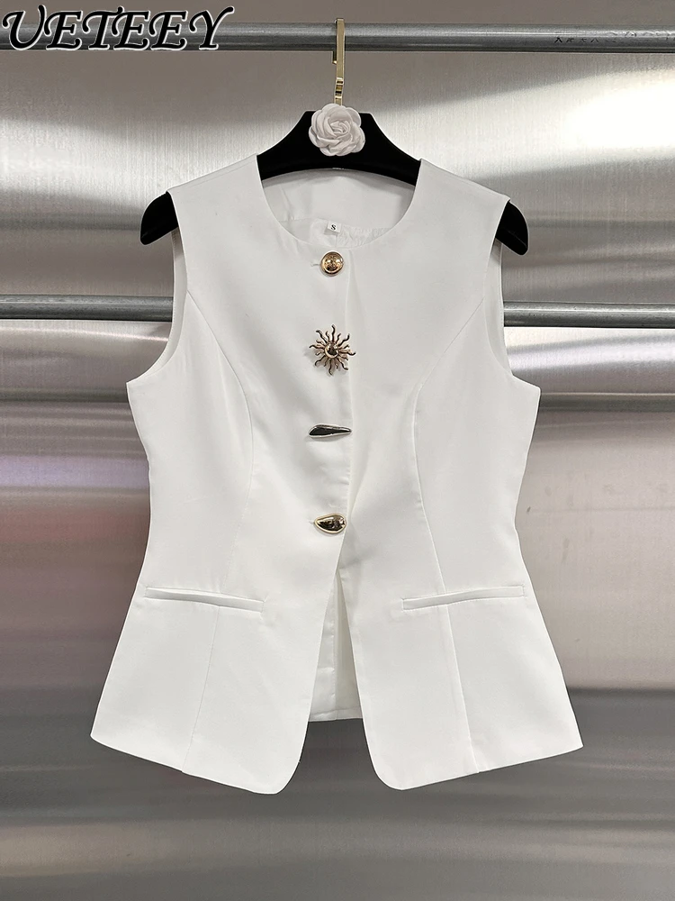 

Autumn New White Professional Vest for Women High-end Business Retro Style Round Neck Waist-cinching Slim Sleeveless Waistcoat