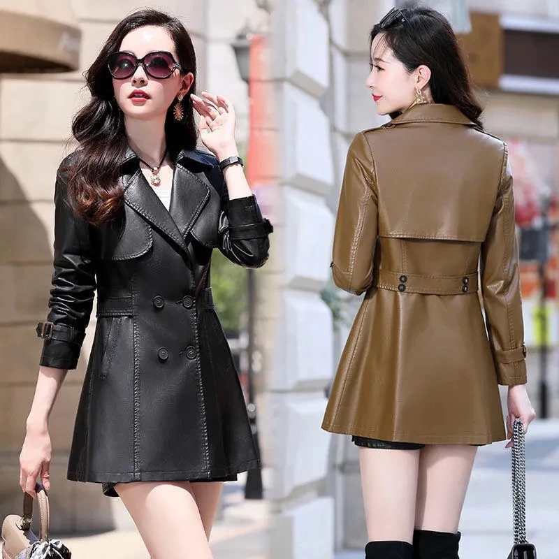 Female Leather Jacket Autumn Winter New Korean Version Medium Long Windbreaker Slim Fit Locomotive Leather Coats Women's Top