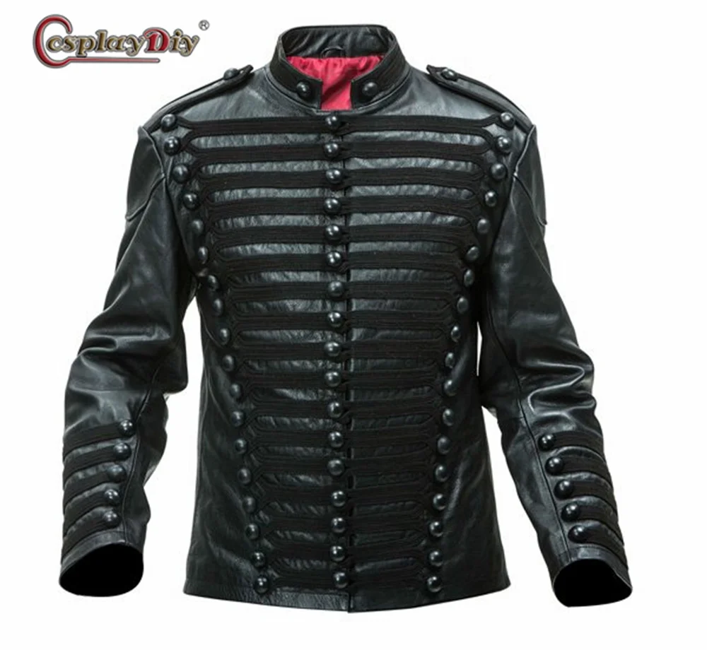 Leather British Hussars Jacket Man's Black Medieval Renaissance Gothic Steampunk Daily Jacket