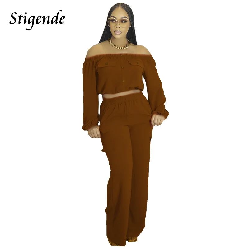 Stigende Sexy Off Shoulder Two Piece Set Women Long Sleeve Crop Top and Pocket Pants