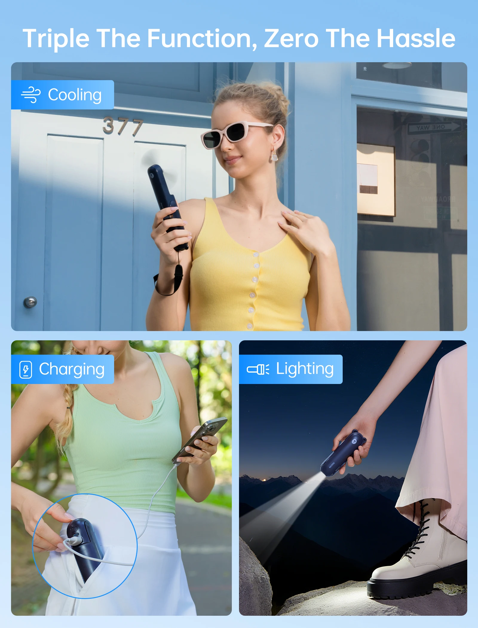 JISULIFE مروحة محمولة صغيرة محمولة باليد USB 4500mAh إعادة شحن باليد مروحة جيب صغيرة 3 في 1 مع ميزة مصباح يدوي لبنك الطاقة