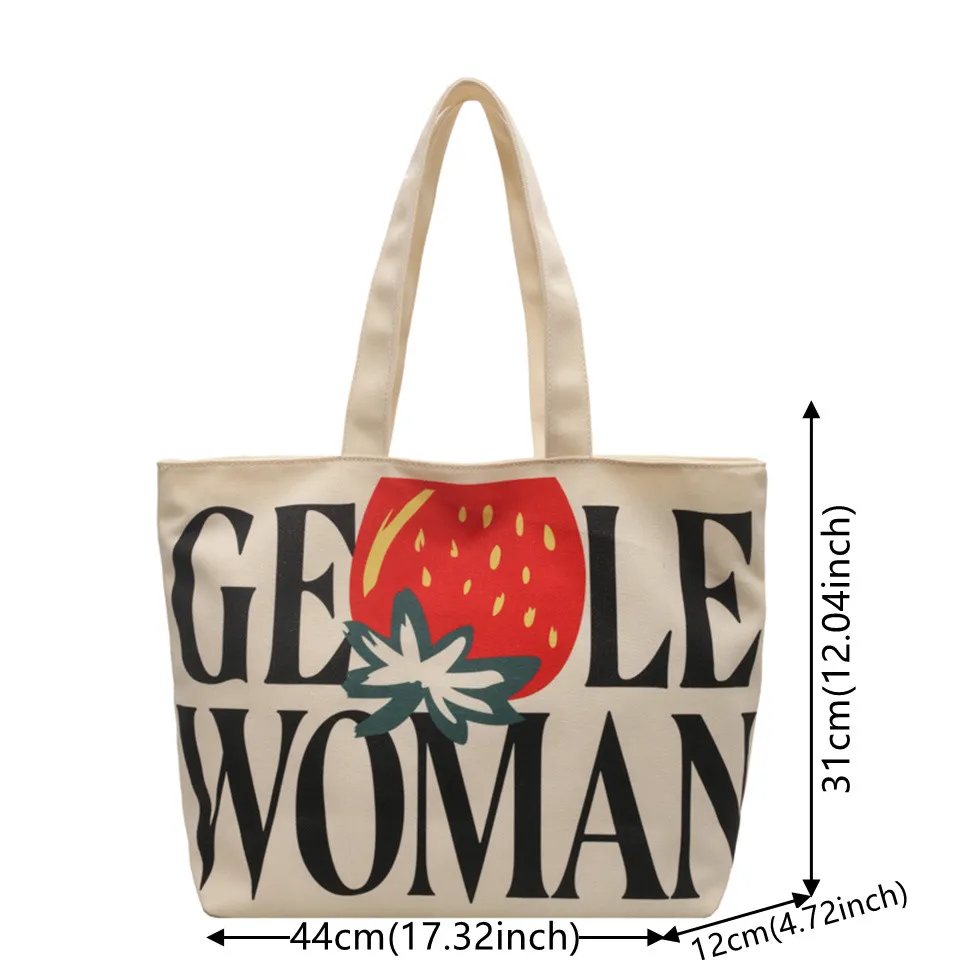 Canvas Shoulder Bag Women Vintage Shopping Bags Zipper Girls Letter Printing Handbags Casual Tote With Outside Pocket