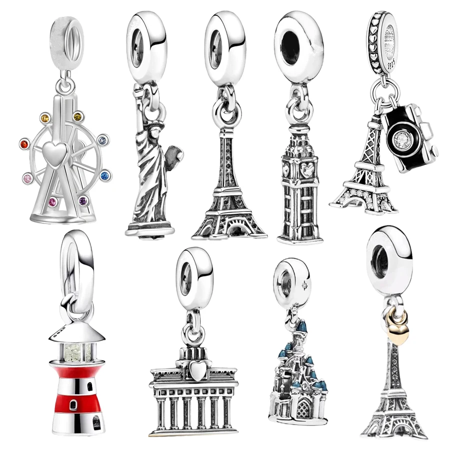 Fine Paris Eiffel Tower Statue of Liberty Dangle Charms Beads Fit Original 925 Sterling Silver Bracelet DIY Jewelry Gift