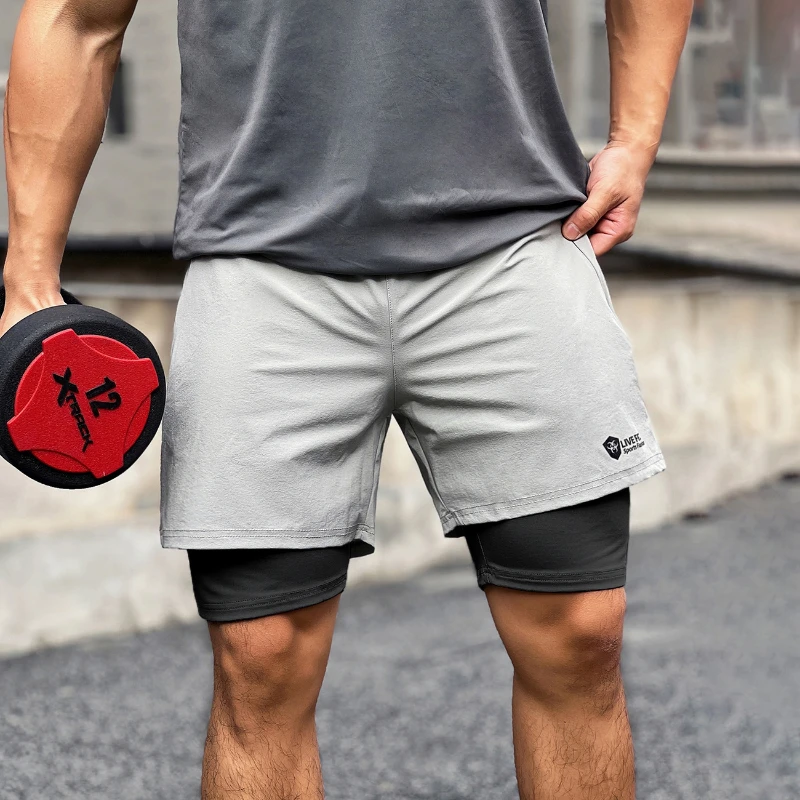 Man Gym Quick Drying Shorts Men\'s Jogger Fitness Sports Running Casual Short Pants Basketball Workout Double-decker 2in1 Shorts