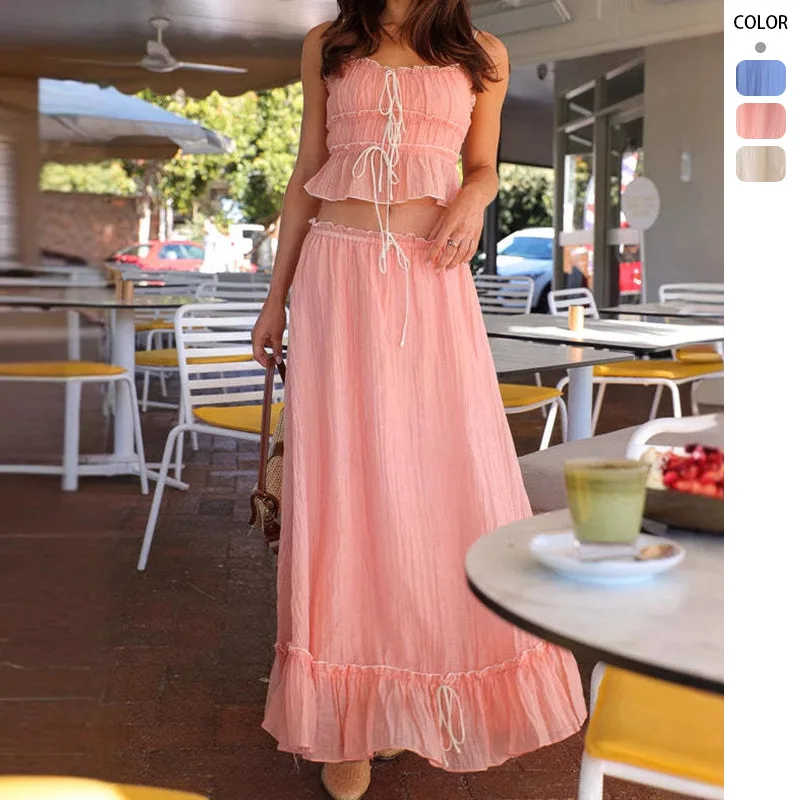 

New Women's Clothing 2026 Summer Camisole With Bow Sweet Top And Pleated Fairy Skirt Set For Women