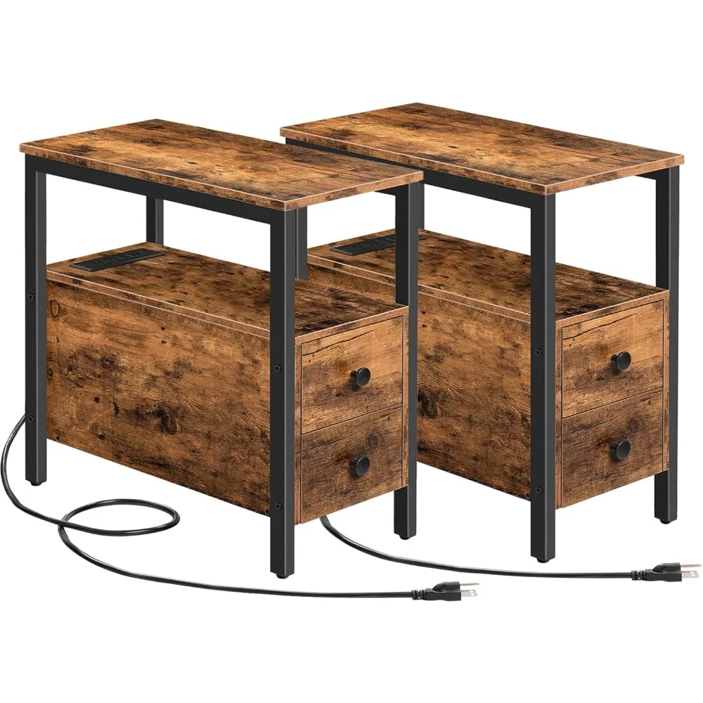 

Set of 2 Nightstand with Charging Station, Narrow Side Table with 2 Drawer & Power Outlets, Small Spaces night stand