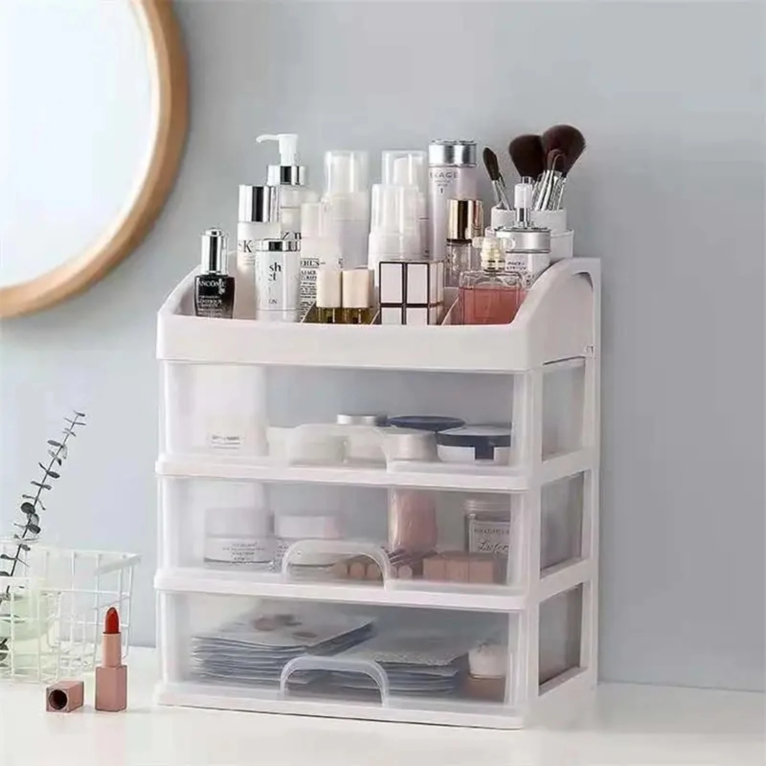 

Spacious Transparent Plastic Four Layer Desktop Cosmetic Organizer with Organized Three Drawer Design for Easy Access and Storag