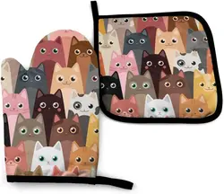 Funny Oven Mitts and Pot Holders Set Cute Cats Insulated Gloves & Kitchen Counter Safe Mats for Cooking BBQ Baking Grilling
