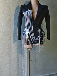 Shining Silver Sequins Fringes Black Jacket Sexy Stage Wear DJ Singer Nightclub Dress Jazz Dance Costume Show Performance Wear