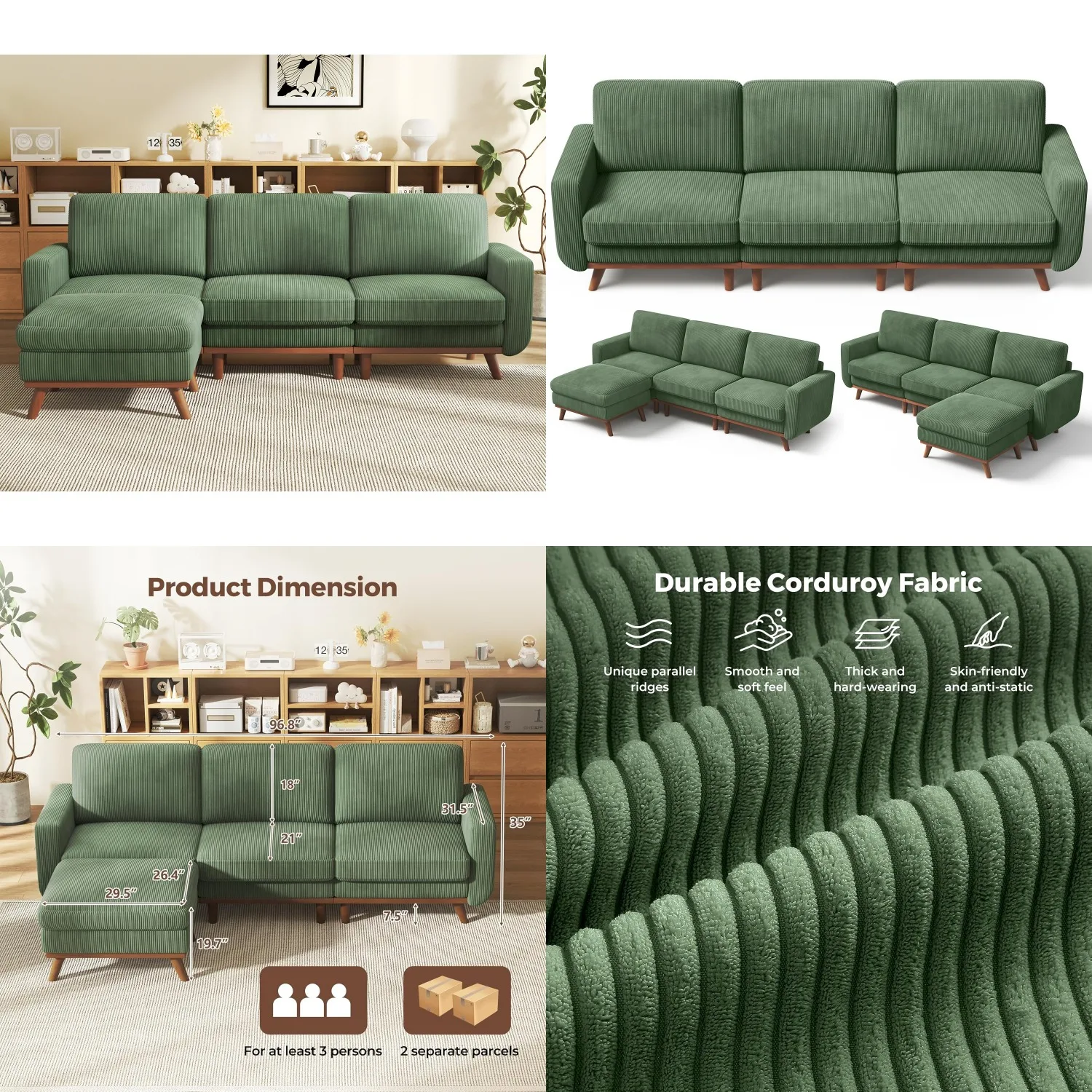 

97" L-Shape Modular Sectional Sofa Corduroy 3-Seat Movable Ottoman Living Room Green, Customized