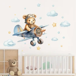 1Pc Cloud Star Cartoon Pilot Bear Flies Plane Wall Decals Bedroom Decoration Wall Stickers for Kids Room Decor Children's Home