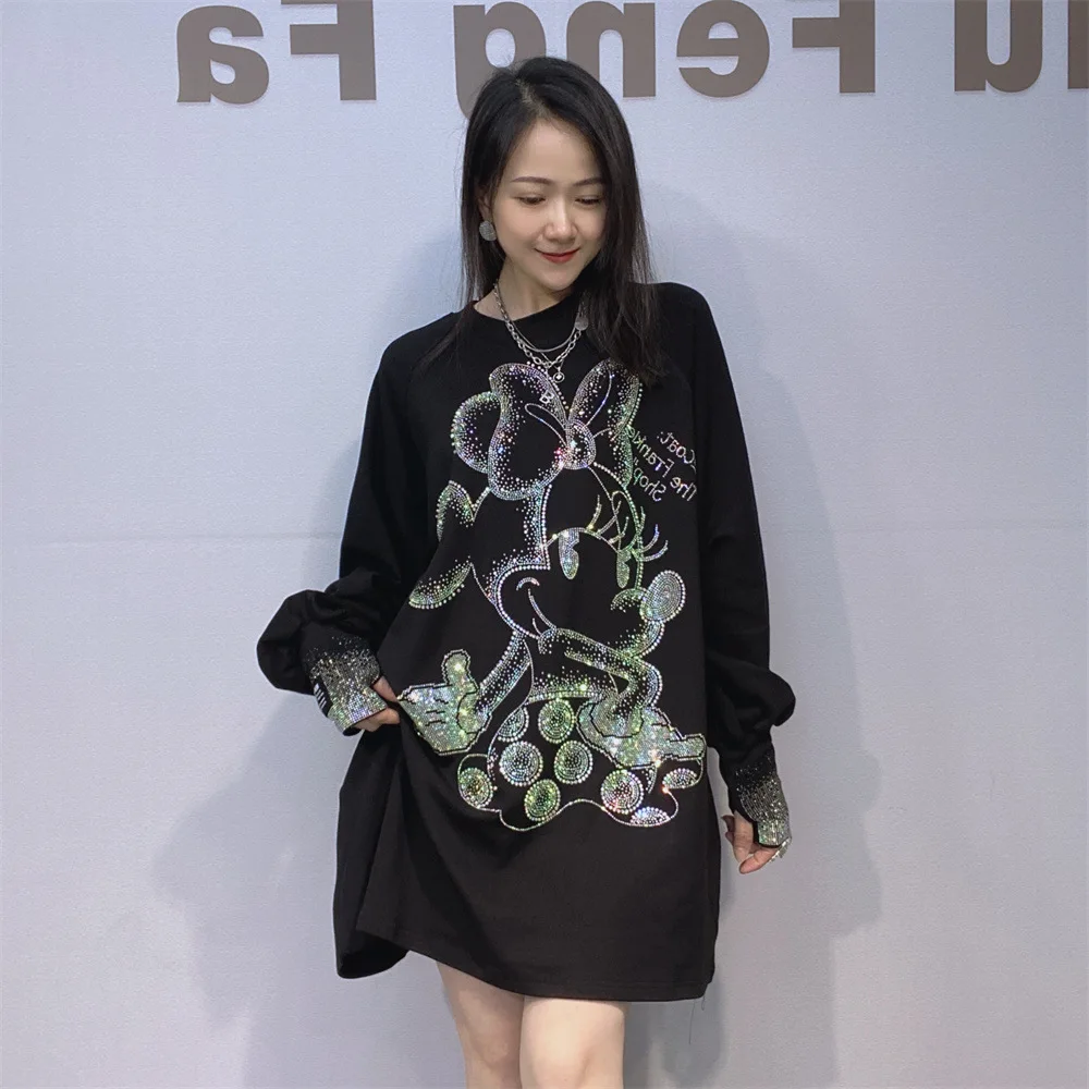 

Осенние футболки большого размера с длинными рукавами, женская одежда, модные свободные пуловеры с круглым вырезом и бриллиантами, футболка Занзеа Женская Одежда