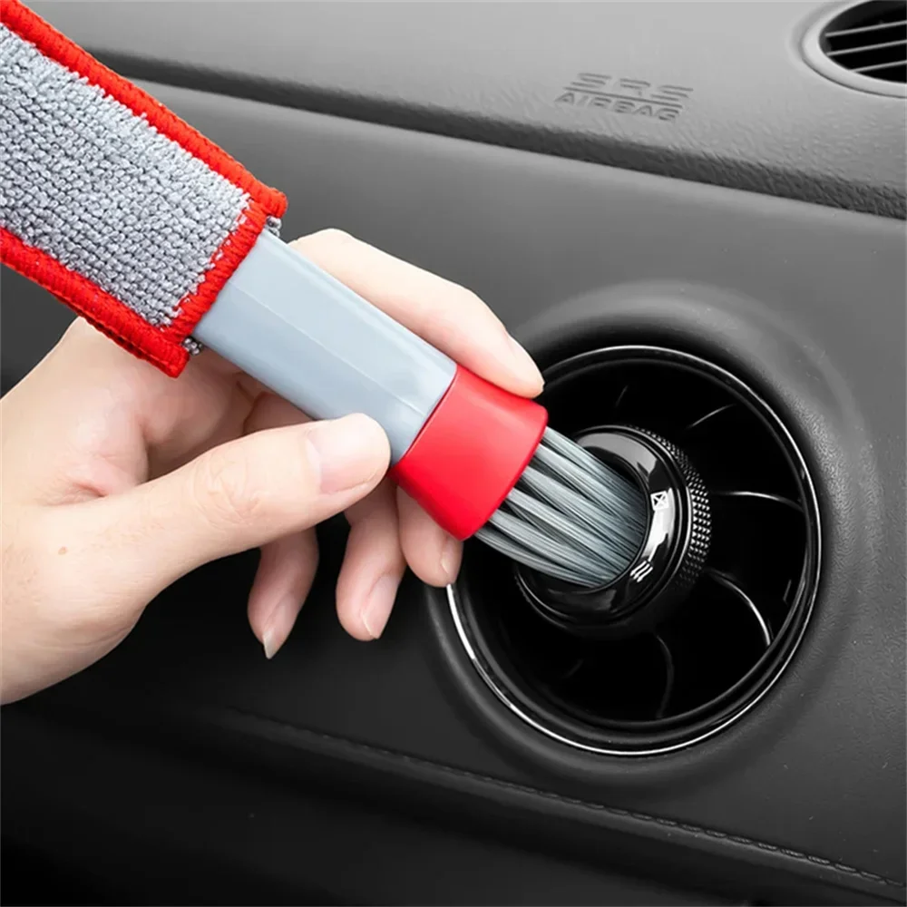 2-in-1 Car Detailing Brush with Detachable Microfiber Cloth for Auto Air Vent Dashboard Console Gap Dust Removal Cleaning Tool