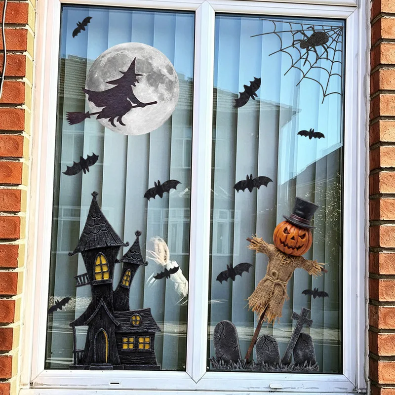 Castle Witch Pumpkin Scarecrow Static Window Cling, Halloween Party Glass Sticker, Shop Window Spooky Vibe Decorations