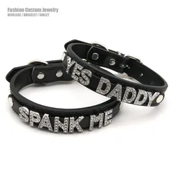 Sexy Rhinestone Letters Yes Daddy Spank Me Choker Collar Necklaces Men Women Punk Role Age Play Leather Chocker Cosplay Jewelry