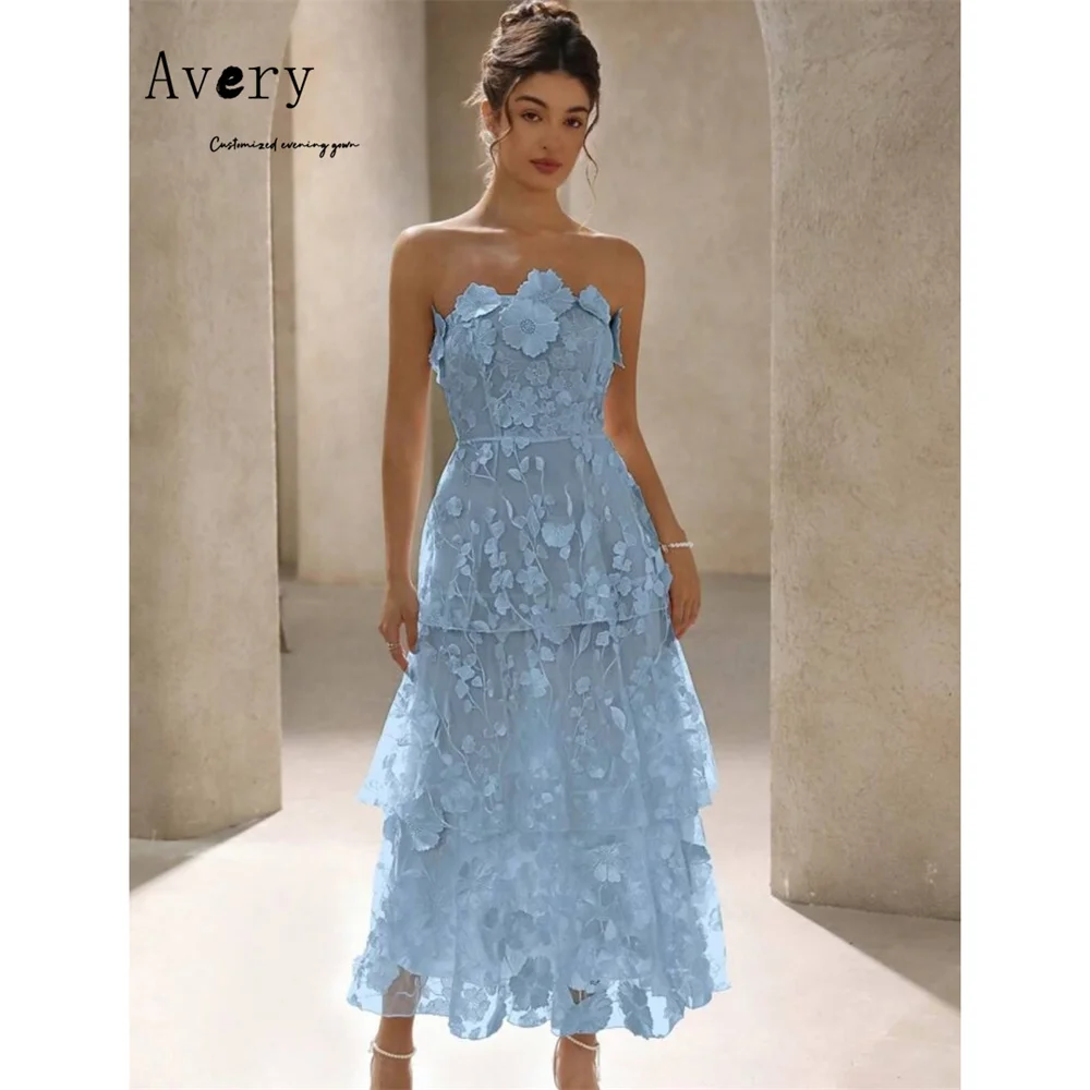 Avery Maßgeschneiderte blaue Blume, A-Linie, hohl, luxuriös, Damen-Abendkleider, elegante Partykleider, 2025, Party, langes Kleid