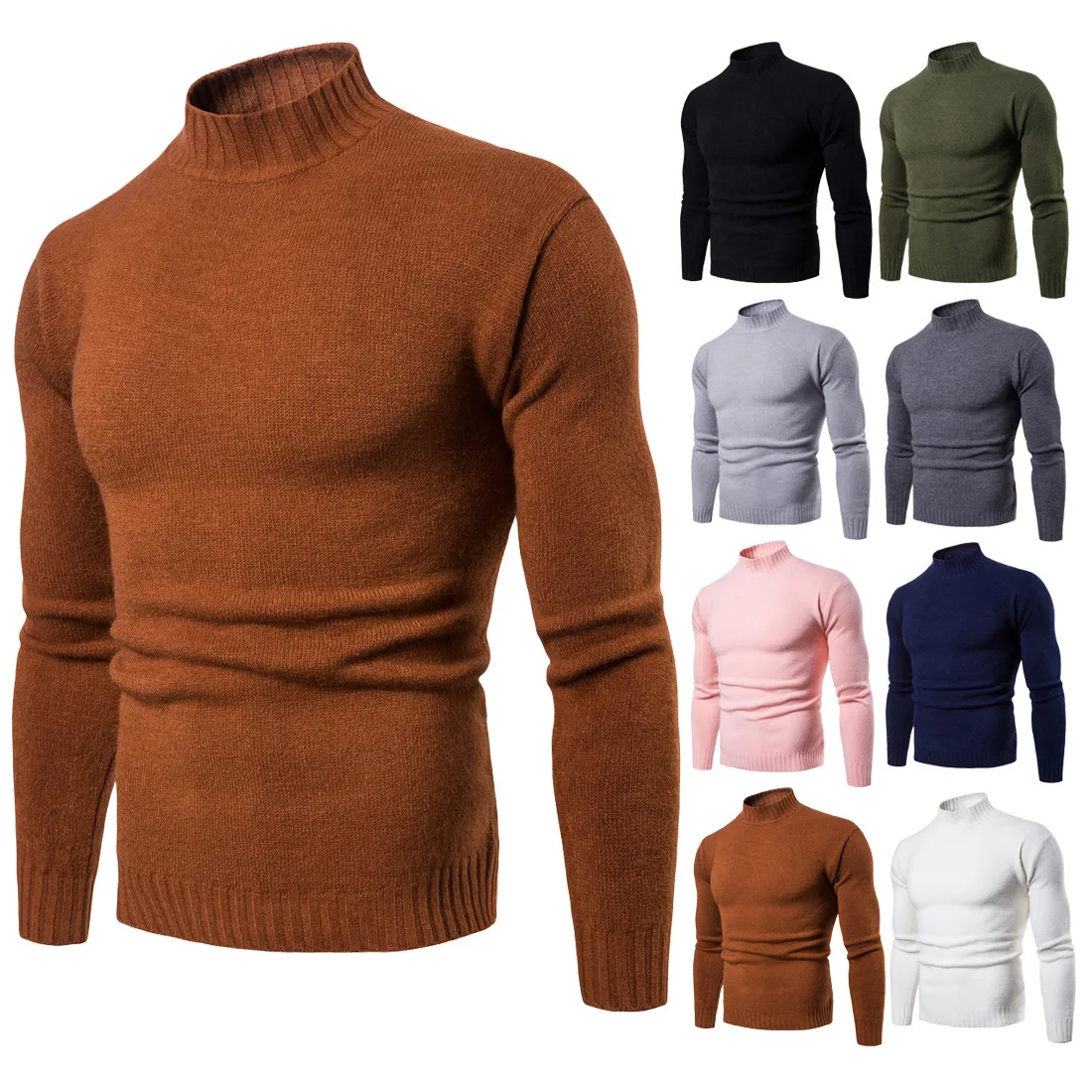 

2024 Men's Pullover Solid Color Sweater European and American Style Half High Collar Loose Fitting Men's Knitted Sweater