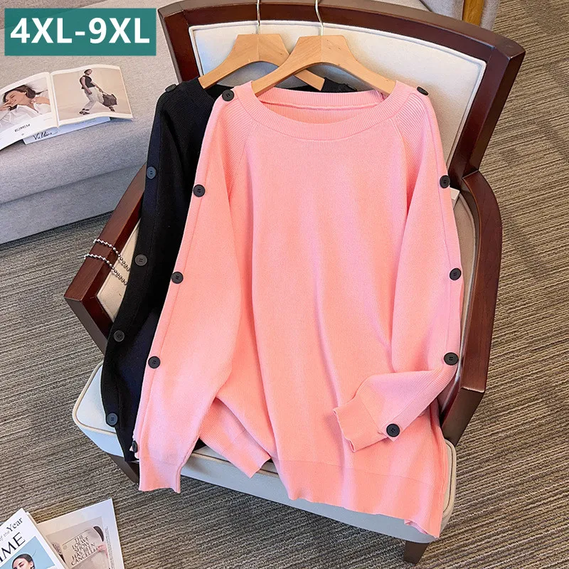 

New 2024 Ladies Autumn Winter Plus Size Tops For Women Large Long Sleeve Red Black Pink Knitted Sweater 4XL 5XL 6XL 7XL 8XL 9XL