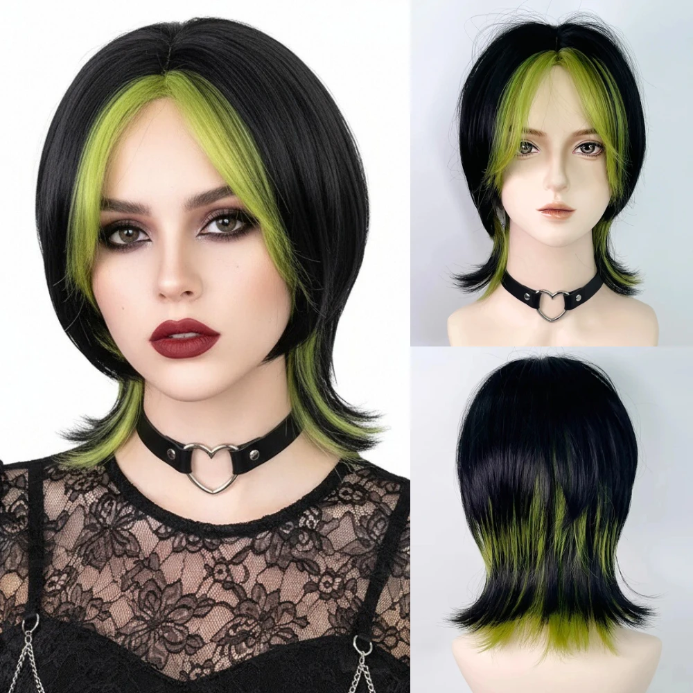 

Женский короткий прямой черный, зеленый, синтетический мужской парик для косплея, средняя часть, пушистая голова кефали, мужской парик для повседневной вечеринки