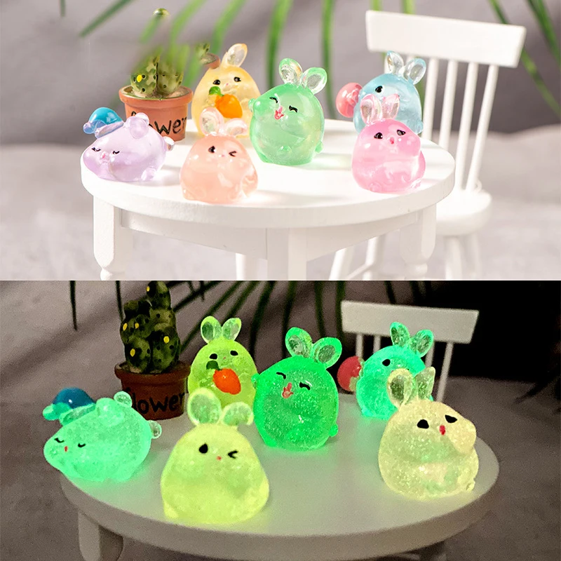 Kawaii leuchtende Mini Harz Kaninchen Ornament Cartoon Hase Miniaturen Figuren Mikro Landschaft DIY Home Dekoration Zubehör