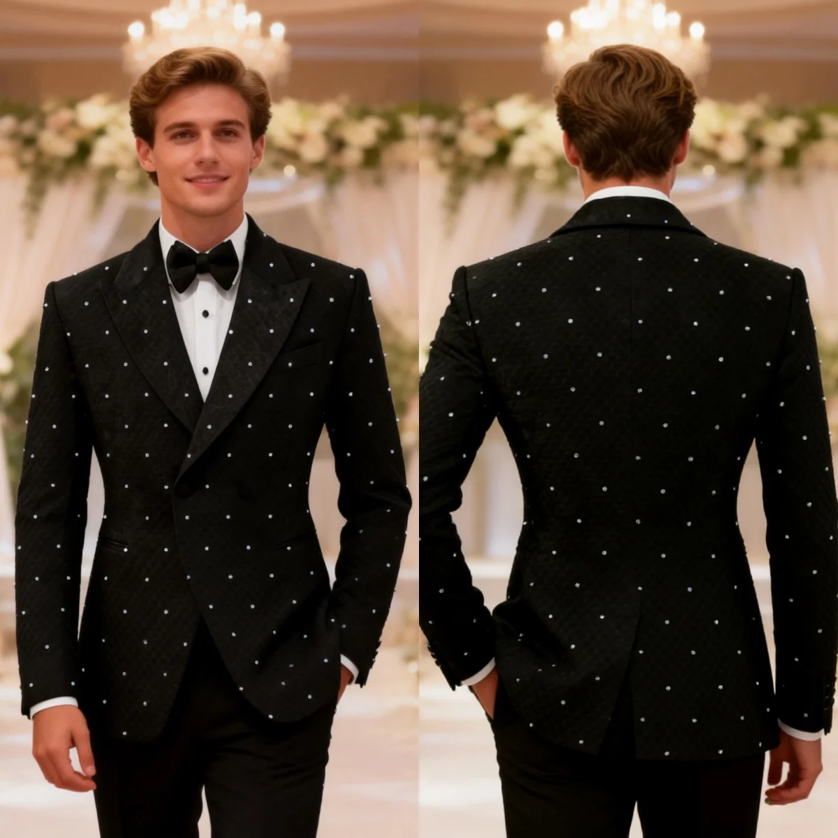 

Elegant Wedding Groom Tuxedo 2-Pieces Blazer Pant Crystal Beading Peaked Lapel Formal Occasions Party Customized