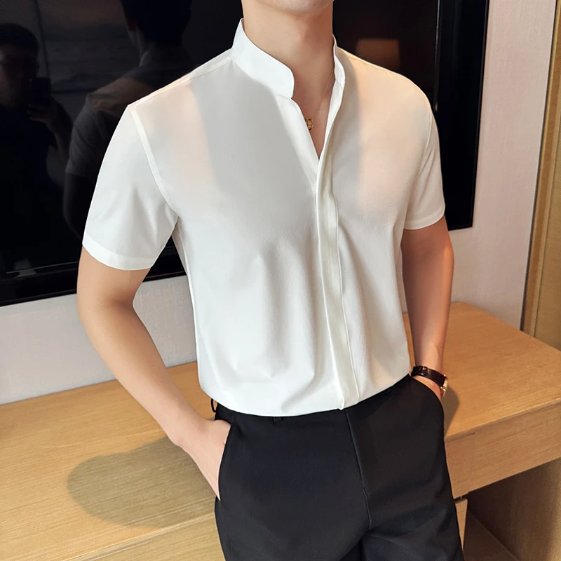 Chinese Style Stand Neck Short Sleeved Shirts Men's Elastic V-neck Casual Shirt Solid Color Business Social Formal Dress Shirts