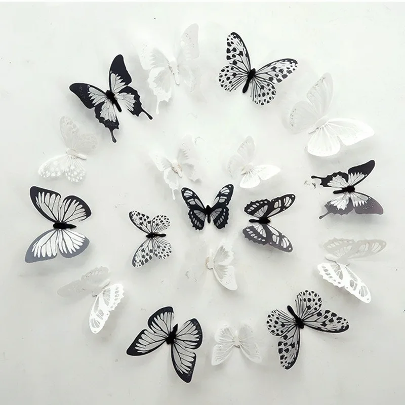 24 Pcs/Set Black White 3D Butterfly Wall Stickers Wedding Decoration Bedroom Living Room Home Decor Butterflies Decals