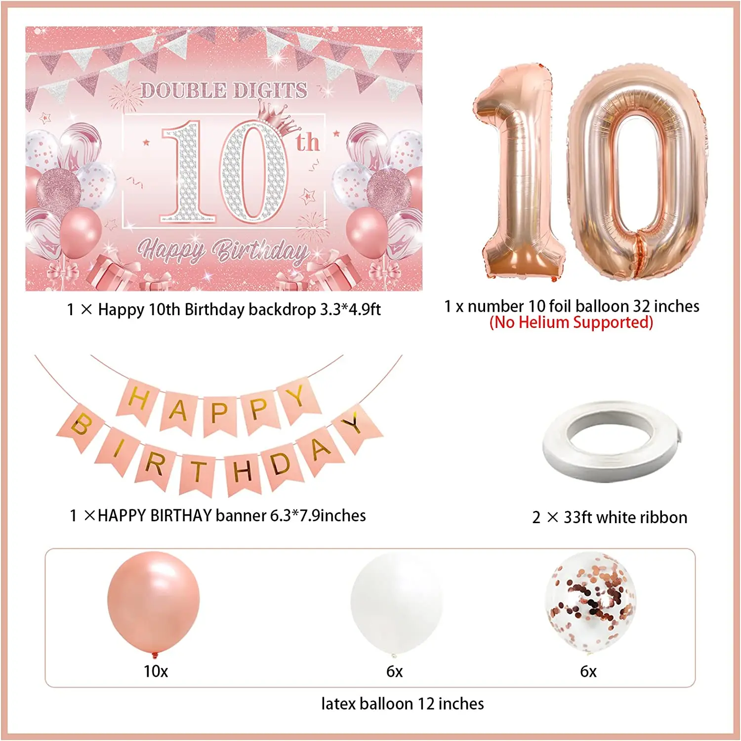 Happy 10th Birthday Decorations for Girls Rose Gold Double Digits Backdrop Banner Number 10 Foil Balloon 10th Birthday Supplies