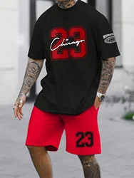 Summer Fashion 2 Piece Men's Clothing 23 & Chicago Graphic Print T Shirt and Shorts Set Men's Sportswear Plus Size Menswear