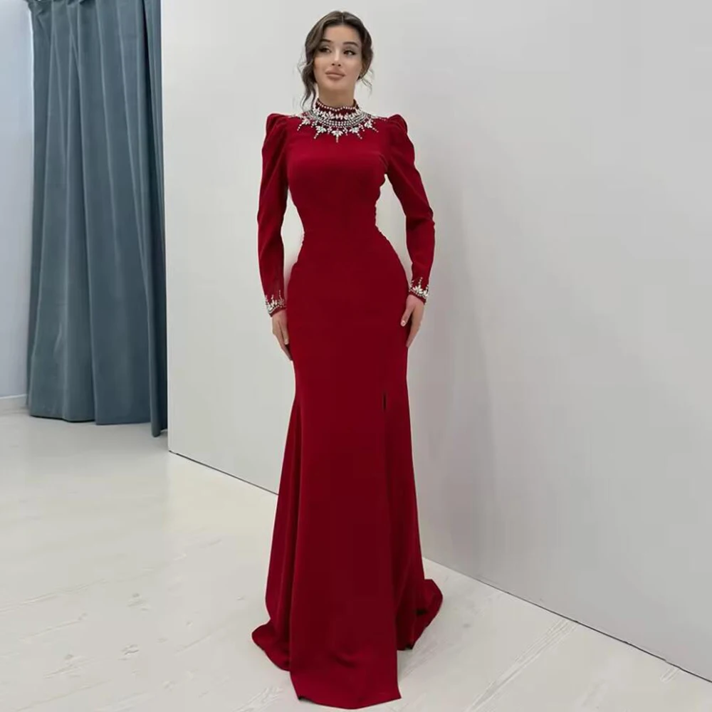 

Wine Red Crystals Beaded Mermaid Evening Dresses Long Sleeves High Neck Chiffon Party Gowns Customized vestidos femininos 2026