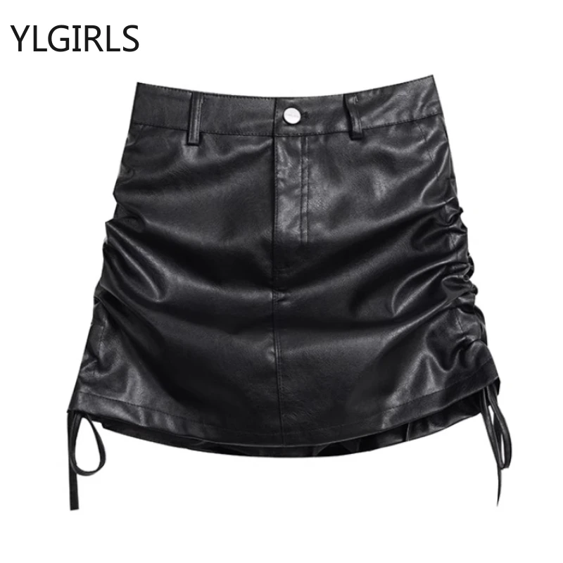 

2024 Summer Vintage Korean Retro High Street Pu Leather Drawstring Low Waist Short Skirt Streetwear Fashion Skirt