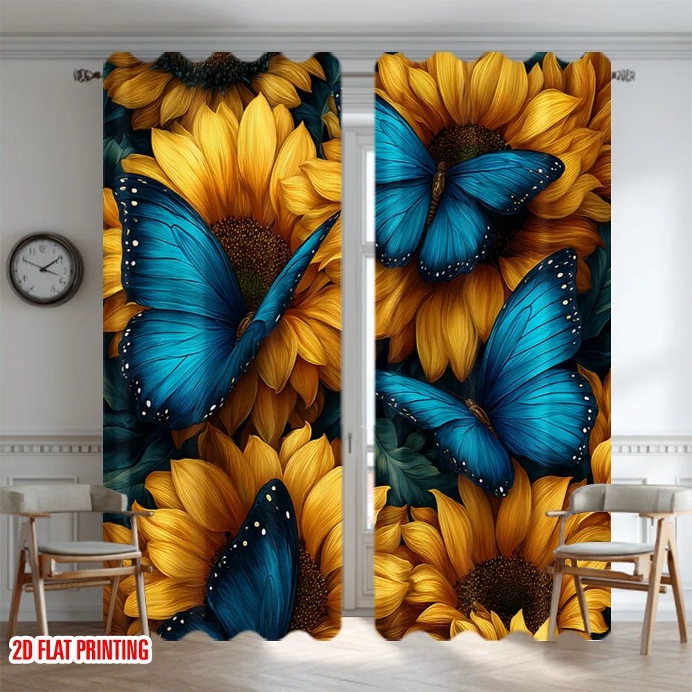 Blue Butterfly Sunflower Print Drapes Room Darkening Window Curtains for Home Decor,Rod Pocket Blackout Curtains Bedroom