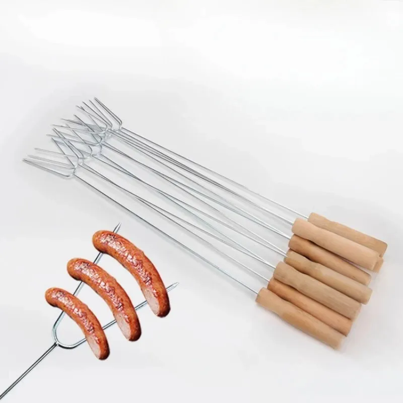 

E2 5Pcs Barbecue BBQ Fork Needle Tools Accessories U Wooden Handle Ham Fork Camping Roasting Skewers Chicken Wings Forks Sticks