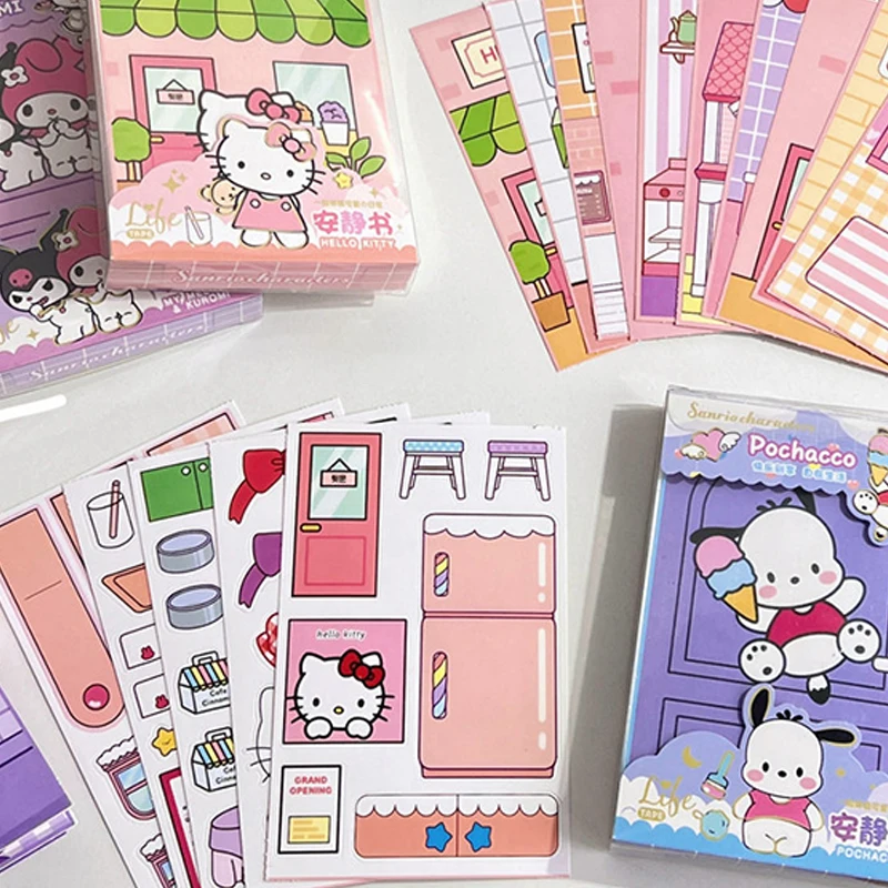 Sanrio สติกเกอร์ลายการ์ตูน Kawaii My Melody Cinnamoroll pochacco Kuromi Hello Kitty เกมสติกเกอร์ที่เงียบสงบหนังสือ DIY วัสดุแพ็คสำหรับเป็นของขวัญเด็ก